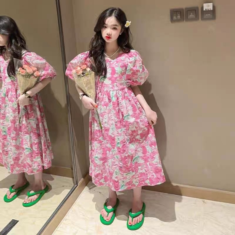 [Y D]256 พร้อมส่ง ชุดเดรส ลายดอกไม้ สำหรับเด็กผู้หญิง