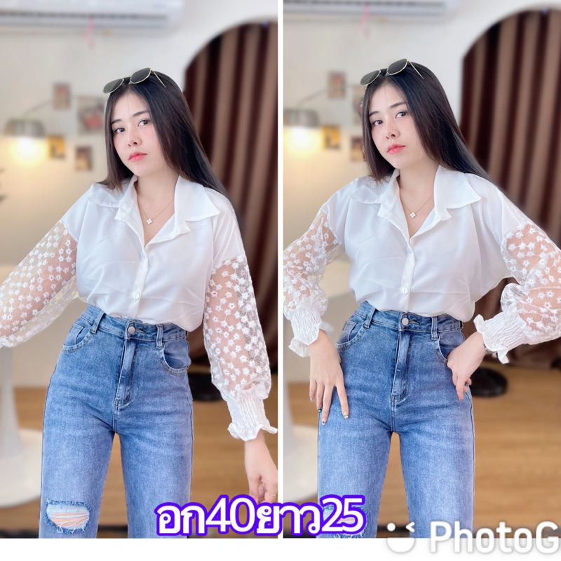 เสื้อเชิ้ตผ้าไหมอิตาลีพื้นขาวแต่งแขนดอกพิกุลแขนยาว 5 ส่วนกระดุมหน้า