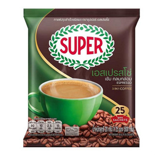 ซุปเปอร์กาแฟ 3in1 เอสเปรสโซ่ 500 กรัม (20 กรัม x 25 ซอง) ผลิตจากเมล็ดกาแฟคุณภาพดี รสชาติกาแฟแท้เข้มข้น สามารถชงสะดวก ดื่