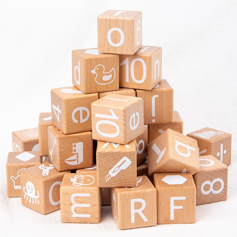 * ออกบิลได้ (แจ้งทางแชท) บล็อกไม้ A-Z ขนาด 3x3 cm. พิมพ์ลาย 4 ด้าน งานไม้ล้วนไร้เสี้ยน