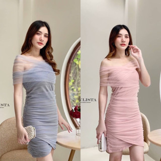 ♥️ M7 STYLISTA Dress เดรสสั้น ปาดไหล่ เข้ารูป สีชมพู สีฟ้า เดรสออกงาน ชุดออกงาน ไซส์ Xs-L