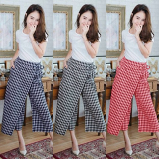 CS5596 Set 2 ชิ้น เสื้อยืดคอกลม+กางเกงป้ายลายสก๊อต Set 2 pieces, round neck t-shirt + plaid pants