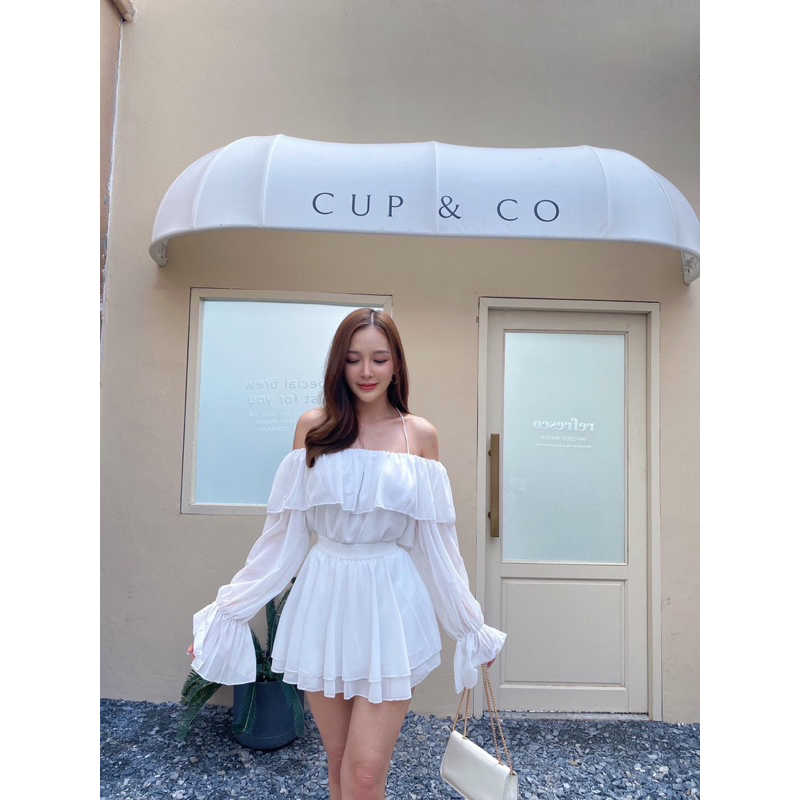 850 Set ชีฟอง 2ชิ้น เสื้อปาดไหล่มีสายผูกคอ+กระโปรงมีซับใน