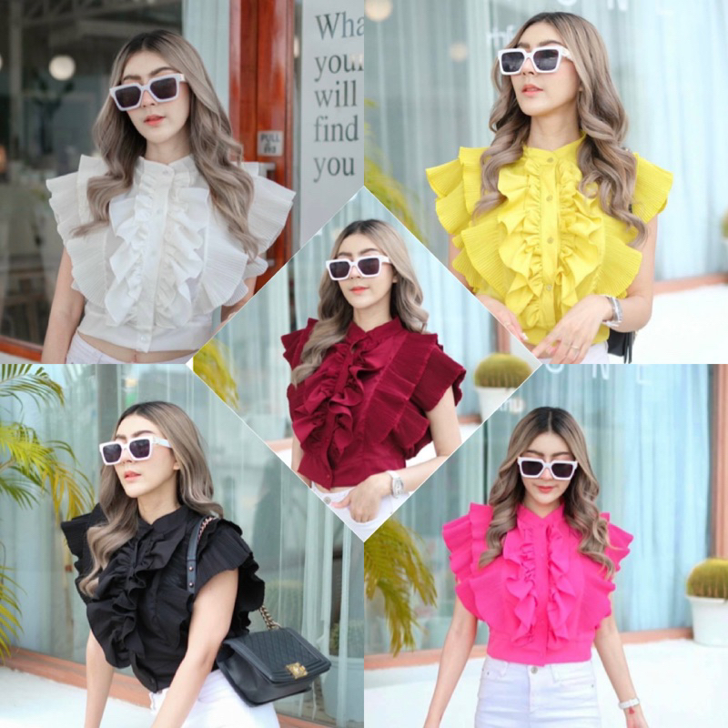 เสื้อคอจีน อัดพลีท แต่งระบาย