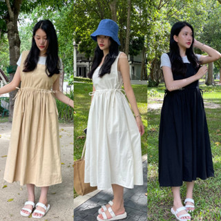 (พร้อมส่ง) เดรสยาว แขนกุด คอเหลี่ยม มินิมอล ทรงเอี้ยมสุดชิค มีกระเป๋าสองข้าง ผ้าฝ้ายลินิน รูดข้างปรับไซส์ได้ (V32)