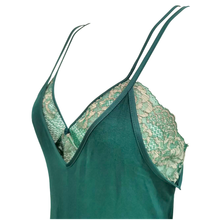 Annebra ชุดนอนสายเดี่ยว เดรสตัวยาว 2 ชั้น ผ้าคอทตอน ผ้าลูกไม้ยืด Maxi Nightwear รุ่น AN8-640 สีเขียว