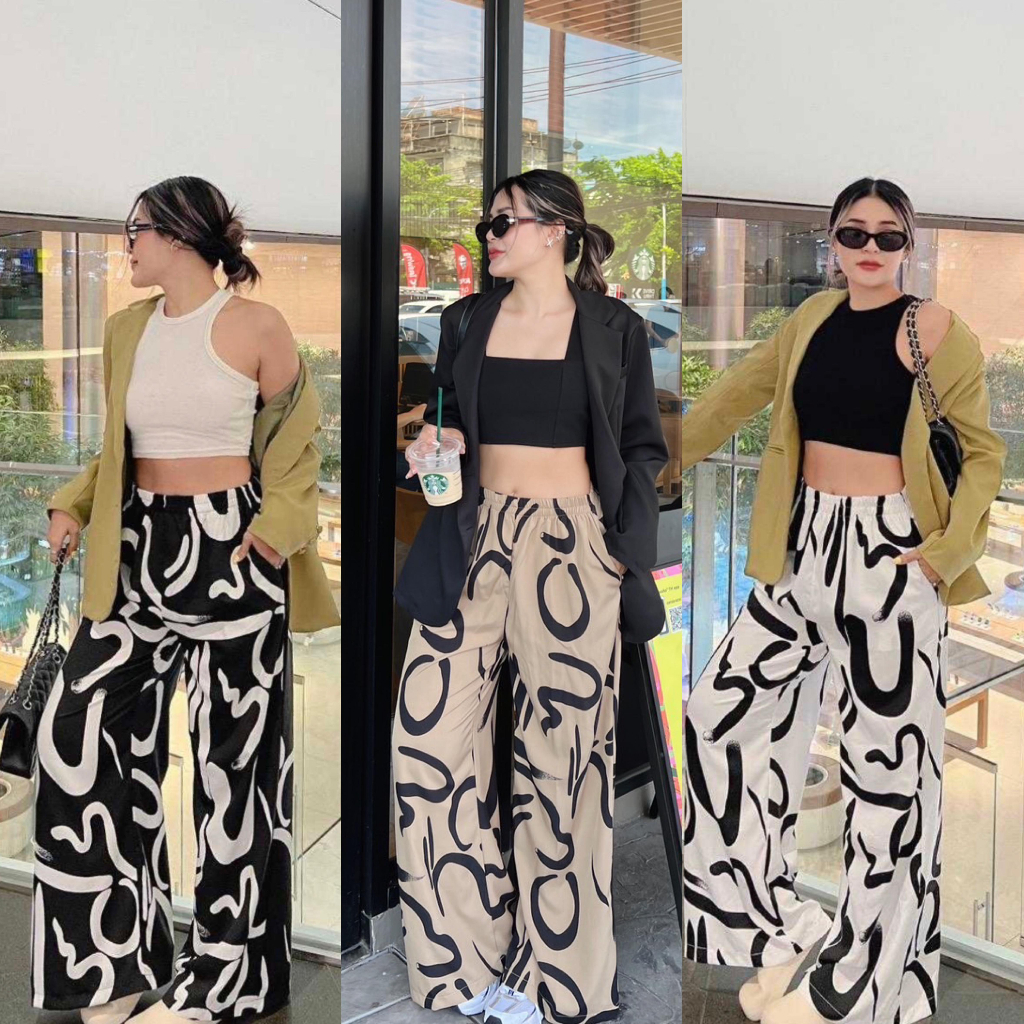 Graphic pants กางเกงขายาวลายกราฟิก เอวสม๊อค สาวอวบใส่ได้ AOMMKOSHOP เสื้อผ้าแฟชั่นผู้หญิง - P000