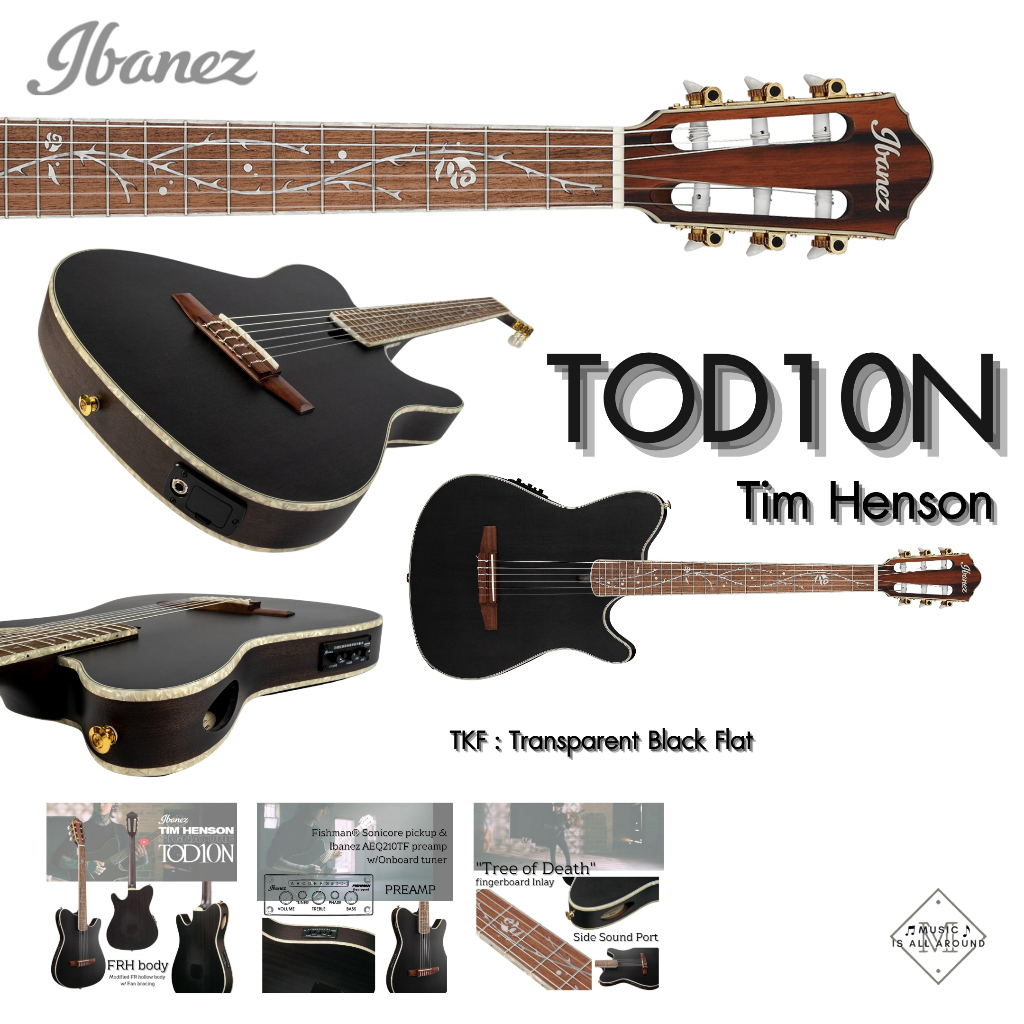 กีต้าร์โปร่งไฟฟ้า Ibanez Tim Henson Signature รุ่น TOD10N TKF : Transparent Black Flat