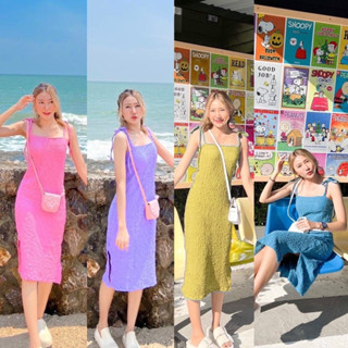 เดรสสายเดี่ยวผูกไหล่ ผ้ายับผ้าย่น ทรงตรง เข้ารูปสวย