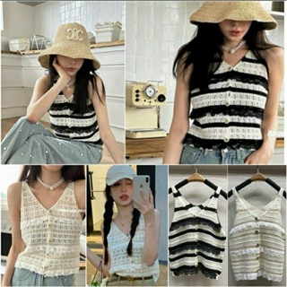 Knitting lace เสื้อไหมพรม เสื้อสายเดี่ยวถัก กล้ามกระดุมหน้าแกะได้จริง ทอสลับสี แต่งลูกไม้ ละมุนนี สวยสุดๆ