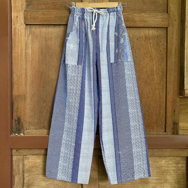 ✨พร้อมส่ง✨กางเกงผ้าฝ้ายทอลาย + งานปักกระเป๋า สไตล์ญี่ปุ่น 🎏 Unisex Cotton trousers