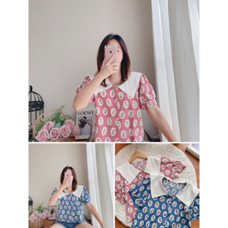 250฿ เสื้อคอปกสีขาว แขนสั้น ลายคิ้วๆ กระดุมแกะได้
