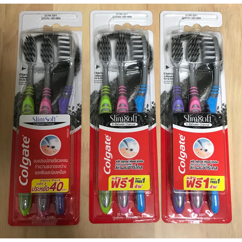 🛍 มือ 1 (ผลิต 2025 ราคาต่อ 1 แพค ได้ 3 ด้ามคละสี) แปรงสีฟัน คอลเกต slimsoft ขนแปรงนุ่มพิเศษ ปลายเรียวสีดำผสมชาร์โคล แท้💯