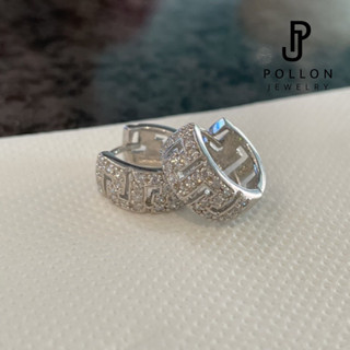 POLLON ต่างหูสำหรับผิวแพ้ง่าย ต่างหูห่วงฝังเพชรรอบวง สีเงิน สแตนเลส 94.8% Swarovski  แท้