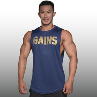 GAINS เสื้อแขนกุดเว้าแขนกว้าง Drop Arm Sleeveless Muscle Shirt