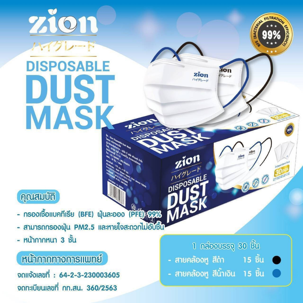 Zion Mask รุ่นพรีเมี่ยม หน้ากากทางการแพทย์แมสป้องกันไวรัส ไม่เป็นสิวสีขาวแบบแยกเป็นซองละ1ชิ้น