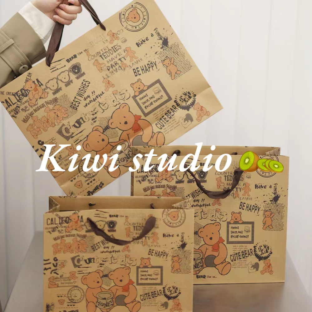 Kiwistudio 【แพ็คละ 10 ชิ้น】ถุงกระดาษหนังวัว ลายหมีน้อยน่ารัก สไตล์ญี่ปุ่น และเกาหลี เรโทร สําหรับใส่ของขวัญวันเกิด ~ 1HCYK125