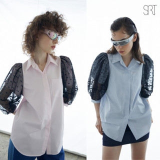 The SRT X10 Mesh Puff Sleeve Shirt   เสื้อเชิ้ตแขนพองผ้าตาข่ายลายจุดสีดำ กระดุมหน้า สีลายทางชมพูขาว/ลายทางฟ้าขาว