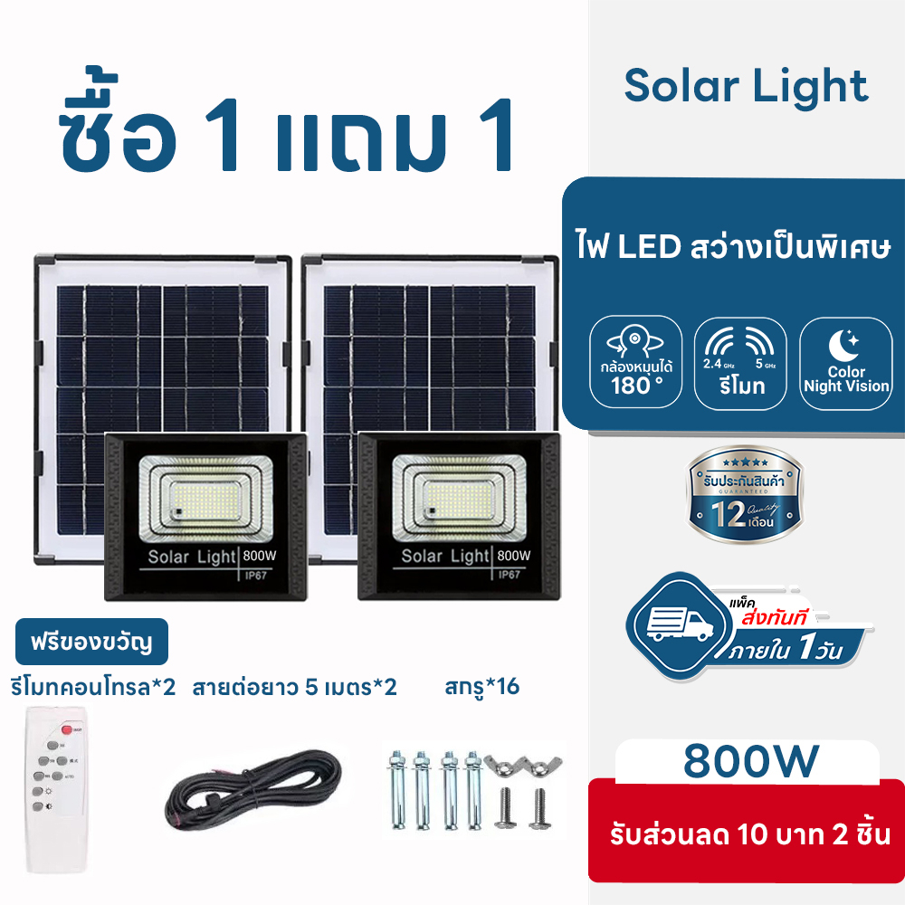 ?ซื้อ 1 แถม 1?รับประกัน 100 ปีไฟโซล่าเซลล์ 1000w กันน้ำกลางแจ้ง ป้องกันฟ้าผ่า Solar light สว่างอัตโนมัติเมื่อฟ้ามืด IP67