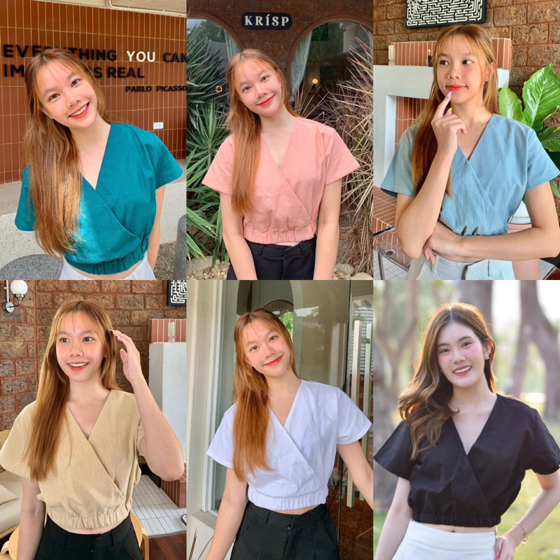 เสื้อไขว้หน้าแขนสั้น,คอวี,ครอป,ป้ายหน้า,เอวลอย,มินิมอล,เอวจั๊ม,ผ้าฝ้าย