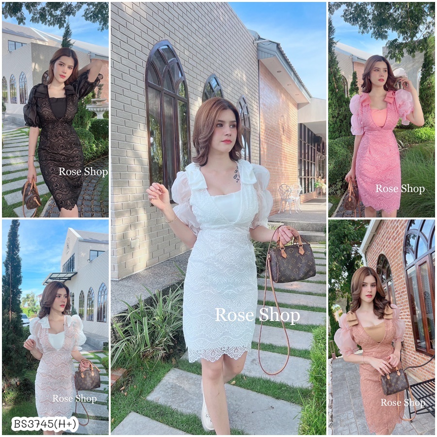 BS3745 เดรสออกงาน ผ้าลูกไม้ผ้าแก้ว แต่งโบว์ไหล่ อกเสริมฟองน้ำ