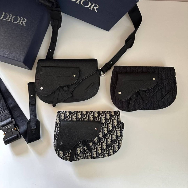 D Saddle Pouch Original Leather Black Dior Oblique Jacquard 24 cm. " สายแบบตัวล็อค "