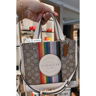 Dempsey Tote 22 In Signature Jacquard With Rainbow Stripe And Coach Patch