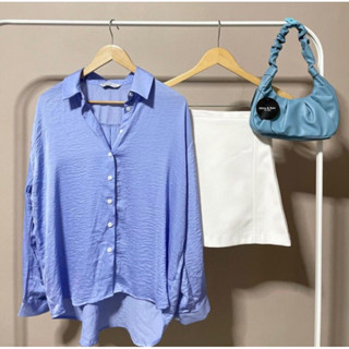 Stradivarius satin shirt  เสื้อเชิ้ต ทรง oversize สีม่วงผ้าเย็นใส่สบาย