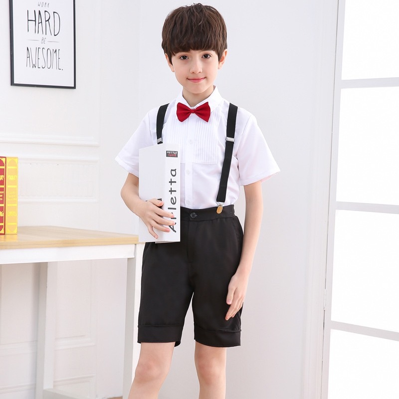 พร้อมส่ง! ชุดเสื้อเชิ้ตแขนสั้น+เอี๊ยมกางเกงขาสั้น ได้ครบทั้งเซ็ท สำหรับเด็กผู้ชาย ใส่เดินขบวนพาเหรด การแสดง ใส่ออกงาน