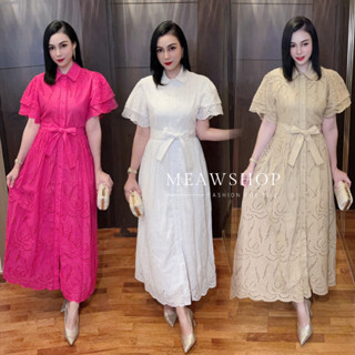 เดรสยาว + โบว์ผูกเอว M-2XL ชุดใส่ทำบุญ ลูกไม้สีขาว ชุดขาว เดรสขาว ไปวัด ฉลุ งานบุญ งานบวช ชุดเพื่อนเจ้าสาว  The Classic