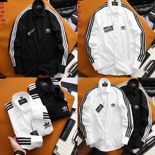 เสื้อเชิ้ตแขนยาวคอปก แต่งแถบข้าง BB X AD▲DAS สีขาวดำ 🖤🤍 Size.S-2XL