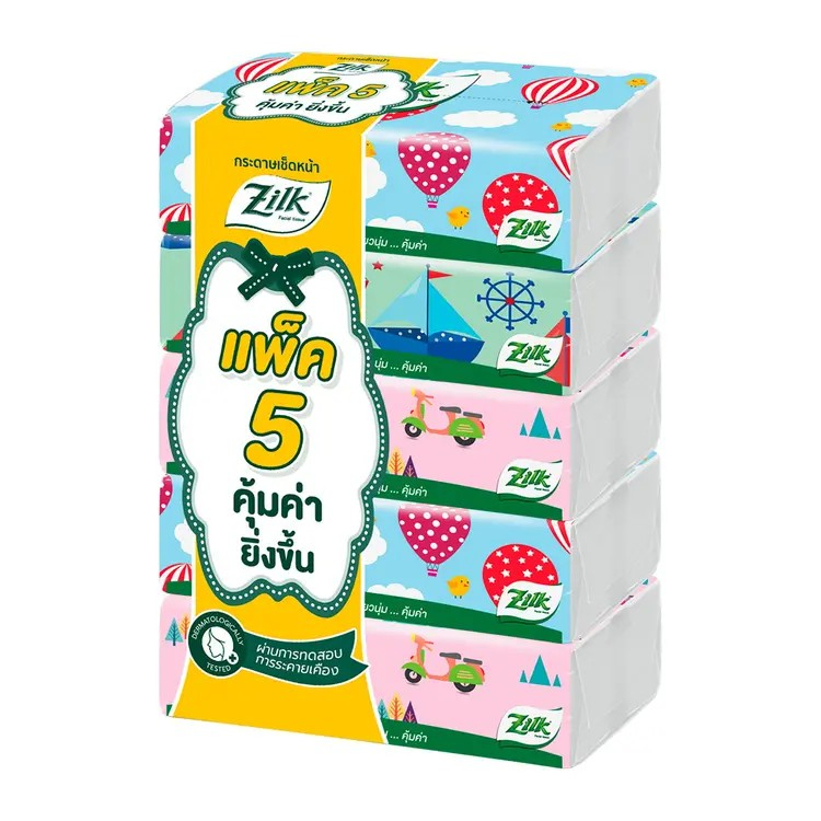 แพ็ค 5 คุ้มยิ่งขึ้น!! Zilk by Cellox Facial tissue(จำนวนสุทธิ 115/ห่อ) ซิลค์ บาย เซลล็อกซ์ กระดาษเช็ดหน้า