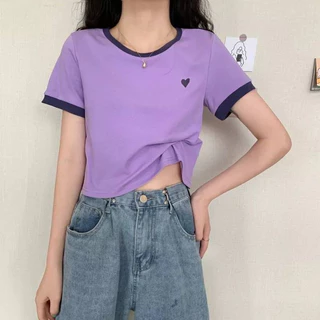 SHOP_MKL🌿เสื้อครอปคอกลม แขนสั้น ลายปักหัวใจ คอกลม สุดน่ารัก 📌💜#9010