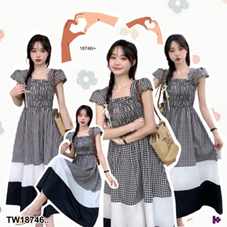 SS18746 เดรสยาว สม็อคอกลายสก็อต กระโปรงสลับสี Long dress, smocked, plaid pattern color changing skirt