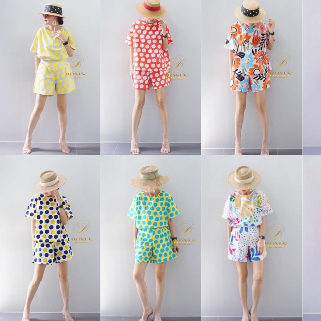 ชุดเซ็ต New Arrivals เสื้อกระดุมหลัง3เม็ดใส่คู่กับกางเกงขาสั้น ดีไซน์เก๋ ลายน่ารักใส่ได้หลายโอกาส ผ้า Cotton ญี