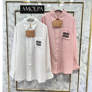 2สี SHIRT MIU MIU เสื้อเชิ้ต แขนยา ผ้าดี หน้าอกพิมพ์อักษร หลังปักมุขเพชร มิวมิว