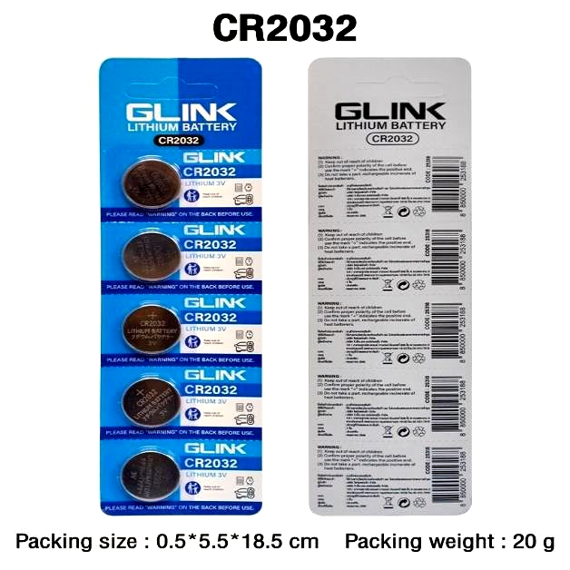 ✔ของแท้✔ ถ่านไบออส/ถ่านกระดุม GLINK รุ่น CR2032 3V. 210mAh. (5ก้อน/1แผง) คุณภาพด