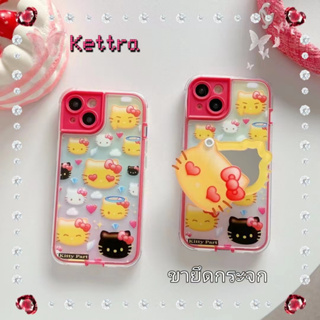 💜Kettra💜ขาตั้ง ถอดได้ กระจกหมุน iPhone 11 14 pro max ป้องกันการหล่น ขอบเต็ม การ์ตูน Hello Kitty case for iPhone 12 13