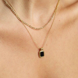 Black square pendant double layer  — stainless steel necklace