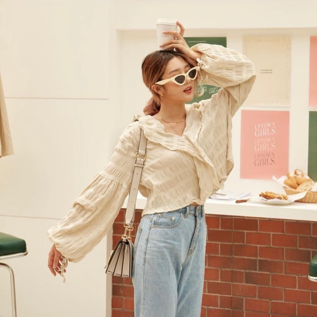 lookbook waffle top beige scott เสื้อแขนยาวลายสก็อตสีเบจ lookbooklookbook