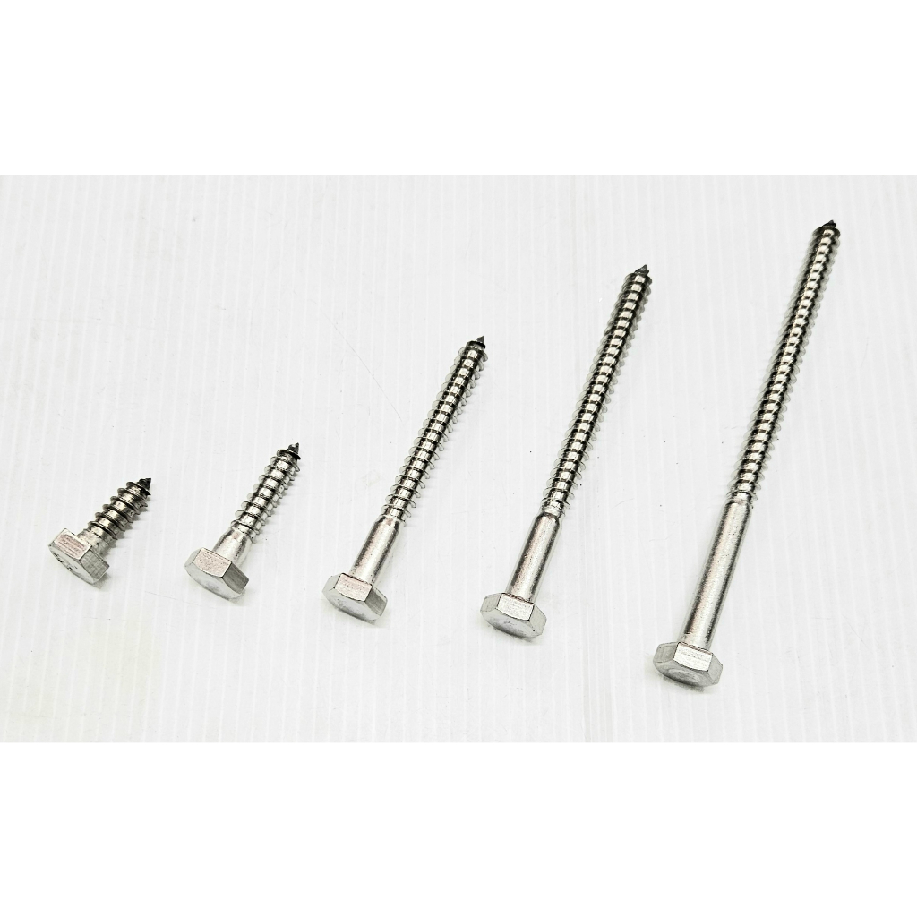 เกลียวปล่อยหัวหกเหลี่ยม สแตนเลส 3/8"x2" -​ 3/8"x6" เกรด304 เกลียวปล่อยไม้ สแตนเลส สกรูขันไม้ สแตนเลส
