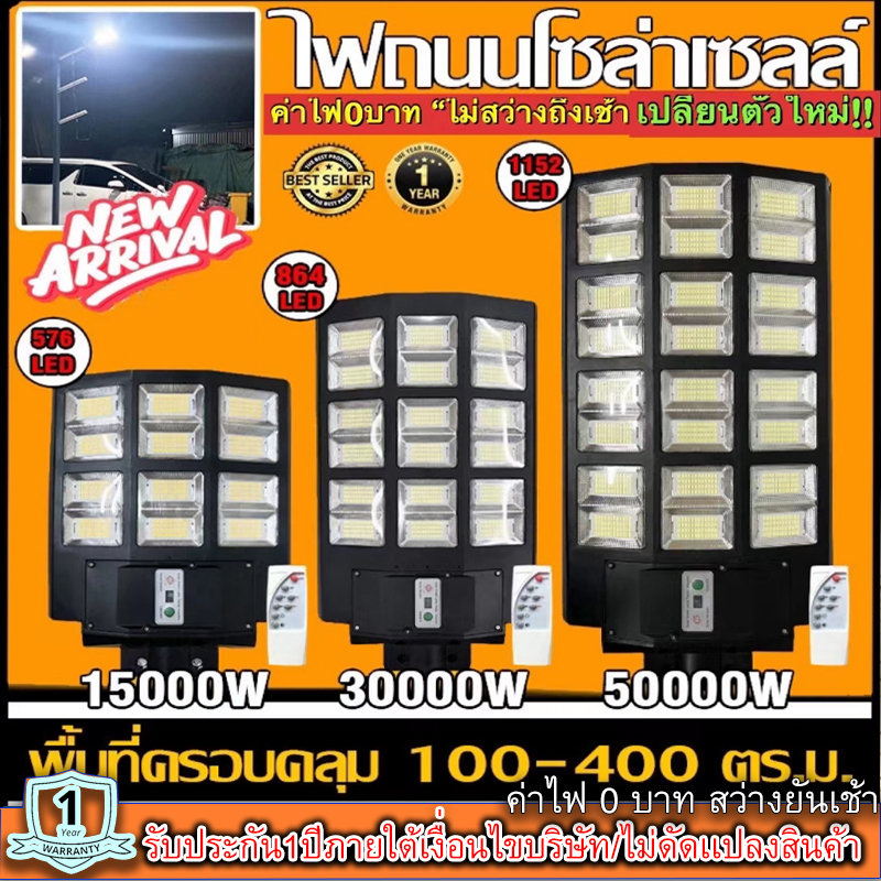 ไฟถนนโซล่าเซลล์ 50000W ไฟโซล่าเซลล์ SOLAR LED 1152LED ไฟถนน 24 ช่องแสง ไฟถนน กันน้ำIP67 ค่าไฟ0บาท