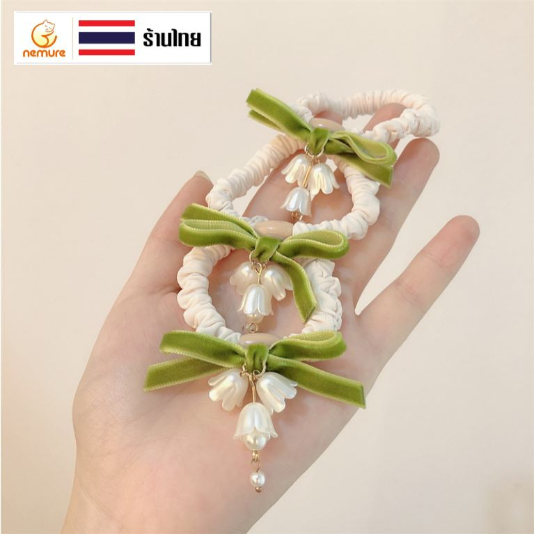 (A-284) ยางรัดผมเส้นหนา ยางรัดผมผ้าติดโบว์ ยางรัดผมแฟชั่น ดอกไม้ ไข่มุกขาว ยางมัดผม ประดับผม