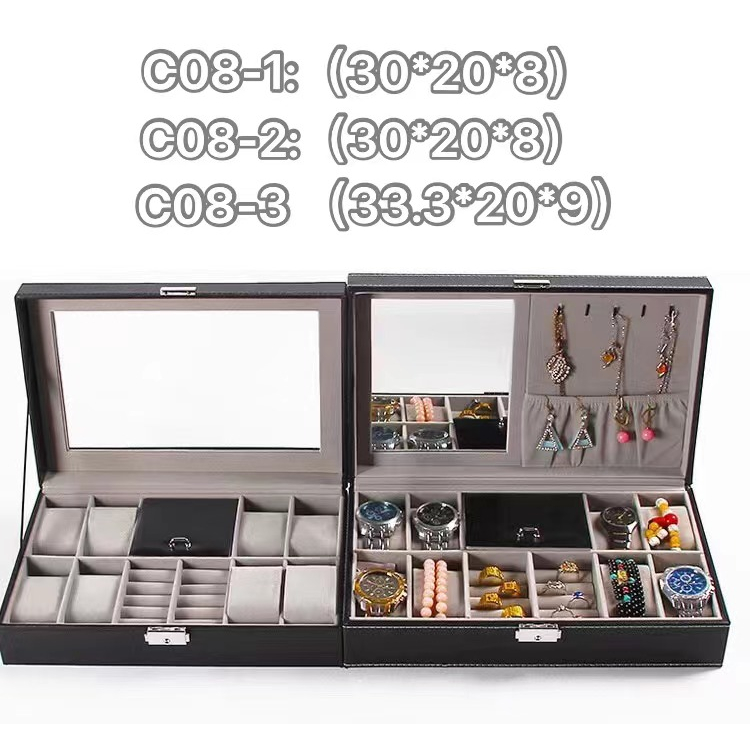 กล่องนาฬิกา กล่องใส่นาฬิกา+เครื่องประดับ PUหนังสีดำคลาสสิก Leather Watch Box