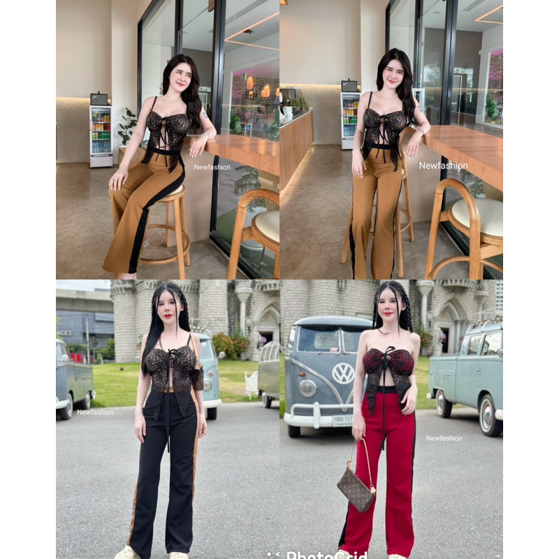 mnv_shop ( A1023 ) New Set2ชิ้น เสื้ออกเสริมฟองน้ำ +กางเกง ขายาวแต่งแถบผ้า ฮะนาเล่ เนื้อยืด
