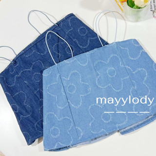 ❤️mayylody❤️ เสื้อสายเดี่ยวสายสปาเก็ตตี้ ผ้ายีนส์แต่งสะกิดดอกไม้ สุดฮิต 💙💙💙 สายเดี่ยว สายเดี่ยวยีนส์