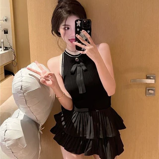 Str🍓พร้อมส่ง🍓เสื้อเซ็ท2ชิ้น ชุดเจ้าหญิงดูแพงเสื้อสายเดี่ยว+กระโปรงสั้นชุดเซ็ตสไตล์สาวเกาหลีชุดไปทะเลสำหรับผู้หญิง