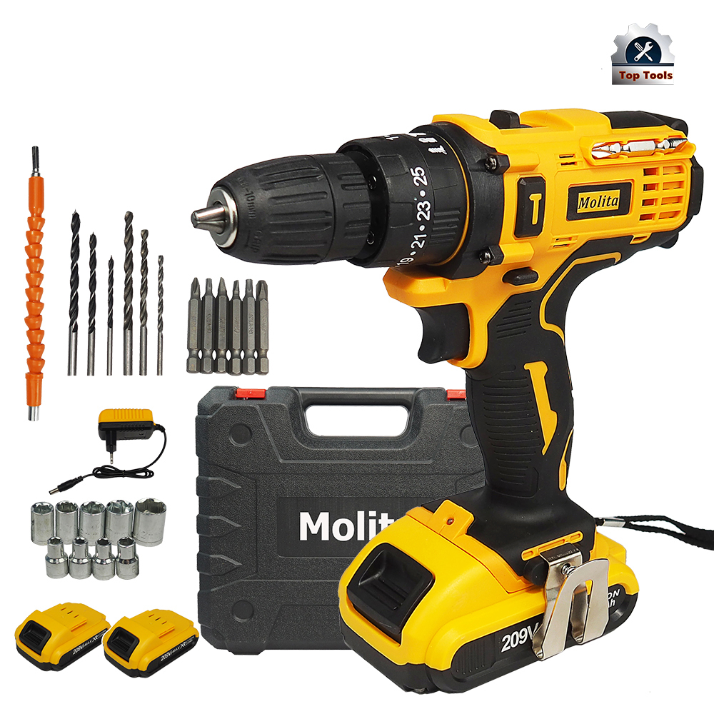 MOLITA สว่านไร้สาย สว่าน 298V 3 ระบบ มีระบบกระแทก แบตเตอรี่ 2 ก้อน เครื่องมือช่าง รวม 28ชิ้น รองรับงานหนัก รุ่นสีเหลือง