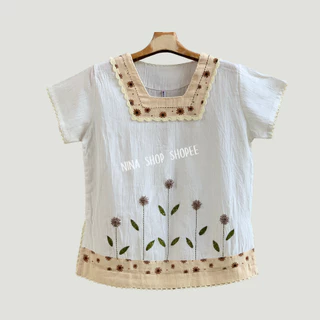 เสื้อผ้าฝ้าย งานถักงานปักแฮนด์เมด สาลูชั้นเดียวเนื้อนุ่มมือ แขนสั้น ทรงเอ สวมใส่สบาย ใส่เที่ยว ใส่อยู่บ้าน เข้าครัวสบายๆ