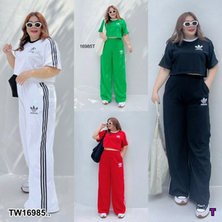 Set #Bigsize 2 ชิ้น เสื้อครอปคอกลมแขนสั้น + กางเกงขายาวทรงกระบอก NL16985